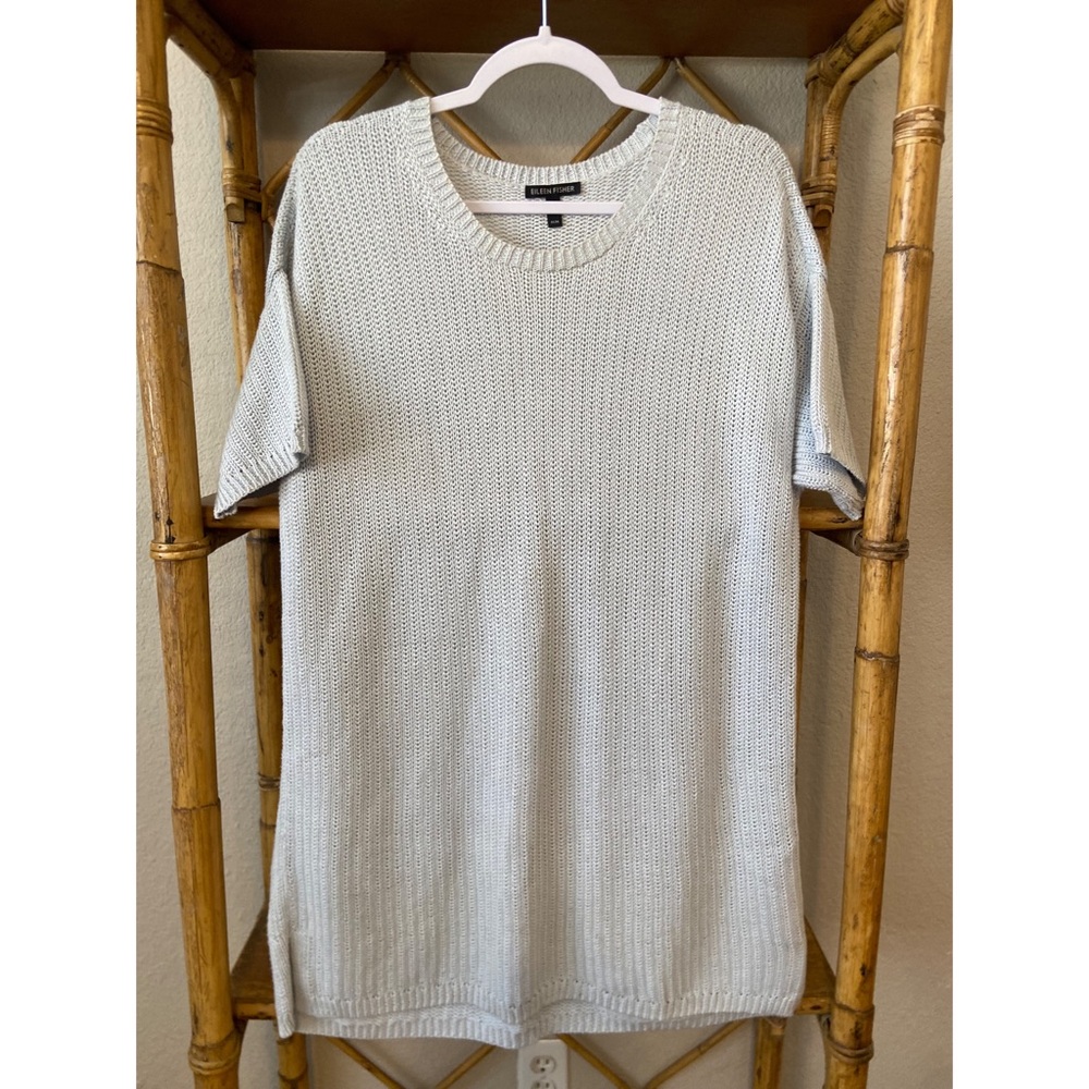 Eileen Fisher Light Blue Corded Short Sleeve Tunic Sweater